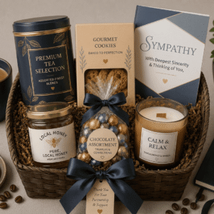 comfort & care basket containing Luxury chocolates, Premium cookies, Herbal tea set, Honey, Soy candle, Snack assortment, Decorative flowers, Premium sympathy card