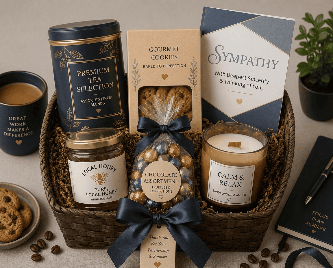 comfort & care basket containing Luxury chocolates, Premium cookies, Herbal tea set, Honey, Soy candle, Snack assortment, Decorative flowers, Premium sympathy card