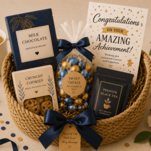Congratulations Gift basket containing Premium chocolates, Cookies, Snack mix, Tea/coffee, Candle, Greeting card