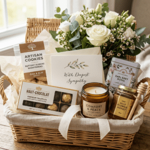 Condolence Gift Basket containing premium chocolates, cookies, Tea/coffee, Candle, Honey/jam, Flowers, and Sympathy card