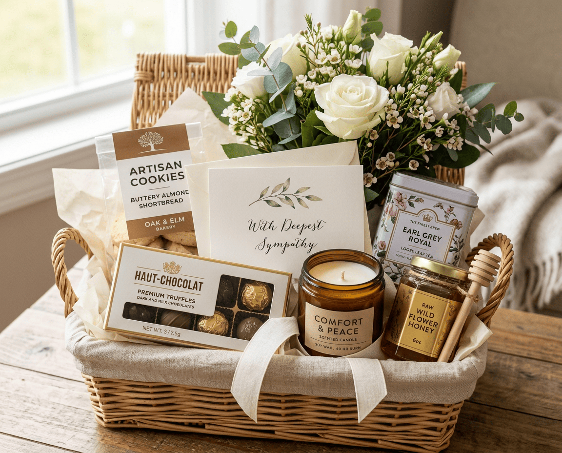 Condolence Gift Basket containing premium chocolates, cookies, Tea/coffee, Candle, Honey/jam, Flowers, and Sympathy card