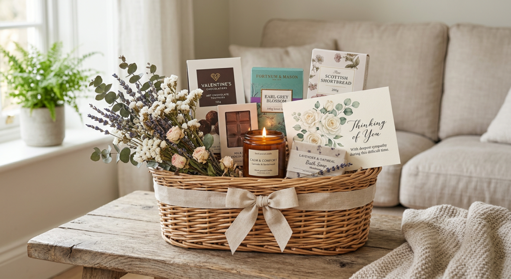 Gifts (gift basket. )with premium chocolates, tea, cookies, candle, and bath soap, designed for a peaceful and elegant gift experience.