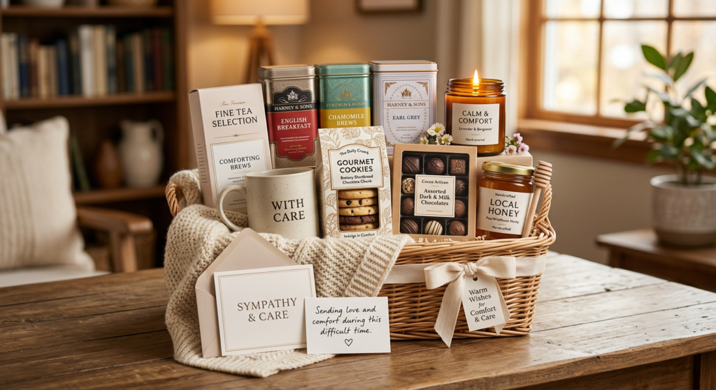 Gourmet Gifts Basket with premium gourmet treats and a greeting card, perfect for thoughtful gifting and special occasions.