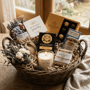 Bereavement Gift Basket containing premium chocolates, Tea, Cookies, Candle, Bath soap, Dried flowers, and Sympathy card
