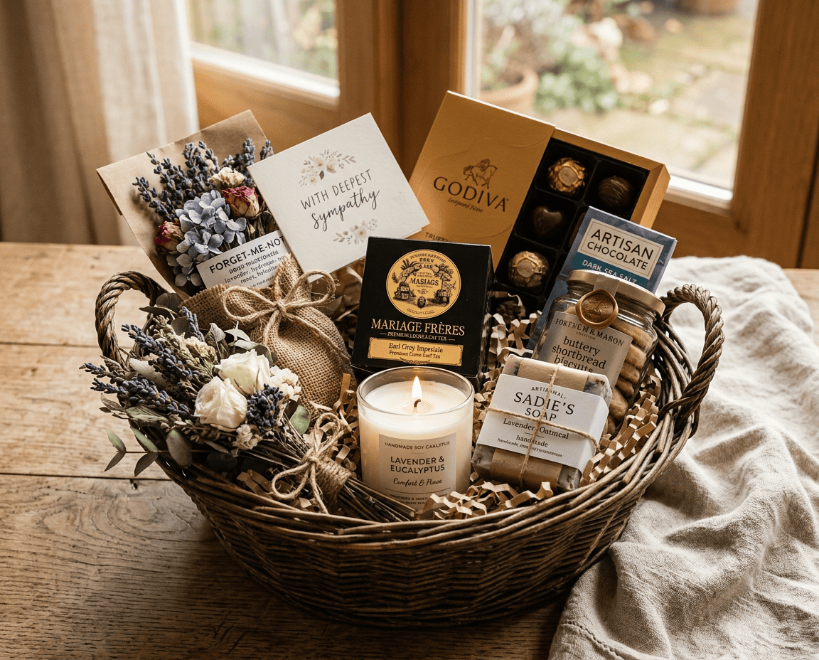 Bereavement Gift Basket containing premium chocolates, Tea, Cookies, Candle, Bath soap, Dried flowers, and Sympathy card