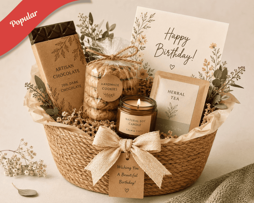 Birthday Gifts Basket with chocolates, cookies, a scented candle, and a birthday card for a thoughtful birthday celebration.