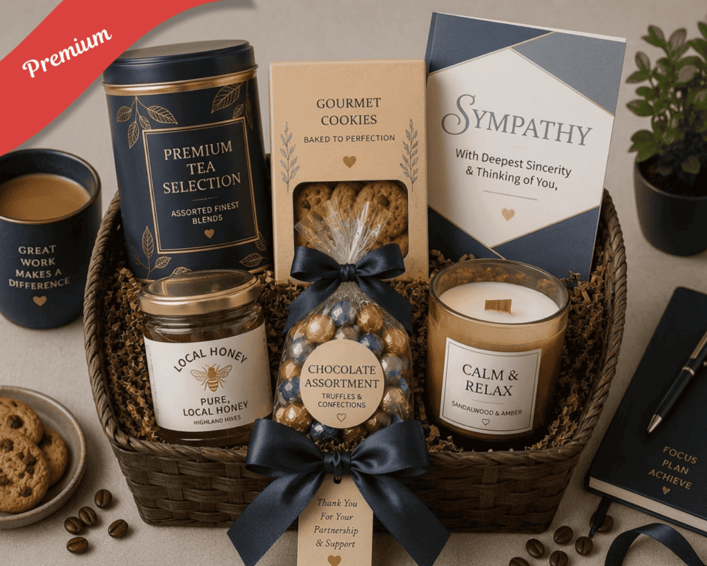 Sympathy Gift Basket with a sympathy card, tea, cookies, honey, and candle, designed to provide comfort and care.