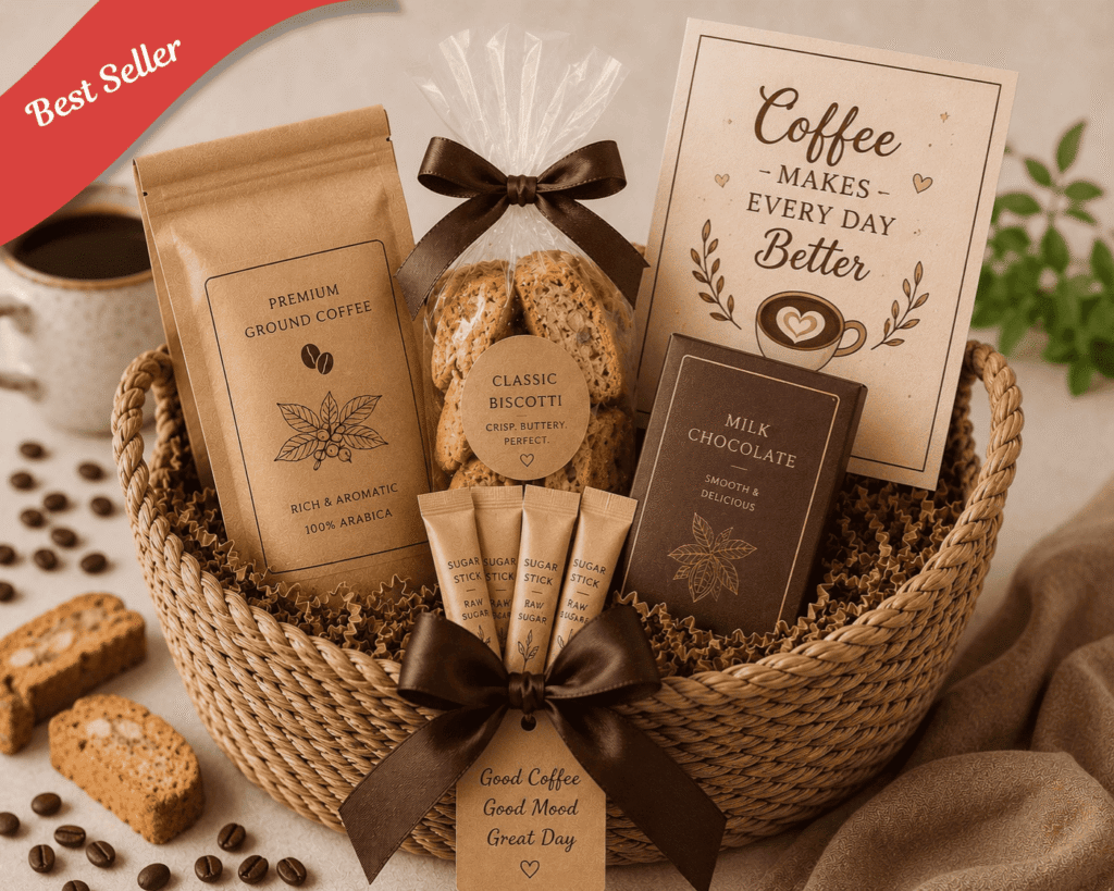 Gift basket with coffee, chocolates, cookies, and a greeting card, perfect for thoughtful gifting and special occasions.