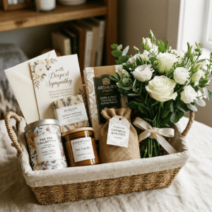 Sympathy gift basket containing gourmet treats, cards and flowers
