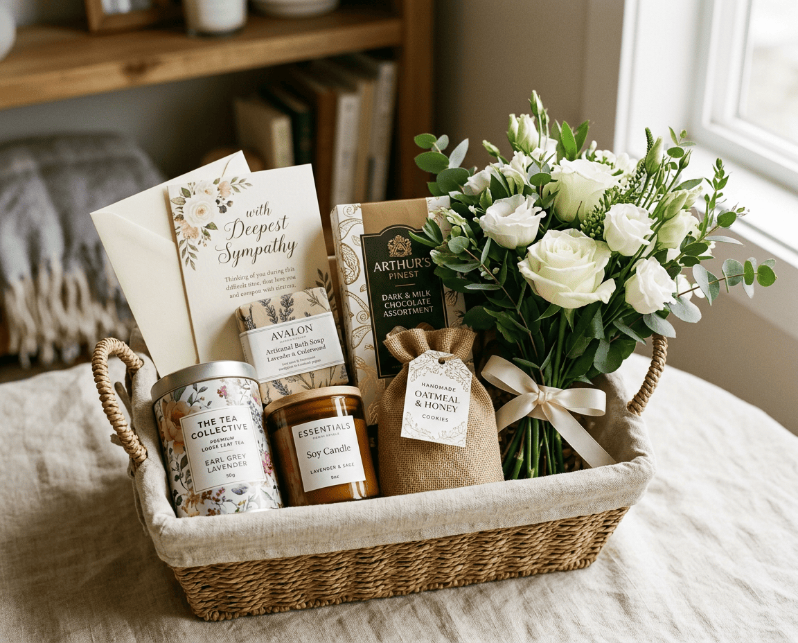 Sympathy gift basket containing gourmet treats, cards and flowers