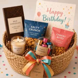 Birthday Surprise Gift basket containing gourmet treats and flowers