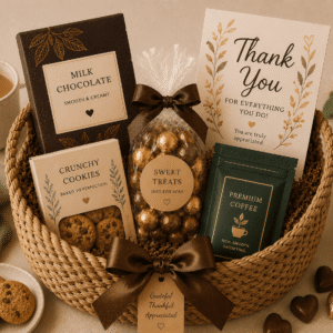 Appreciation Gift Basket containing Assorted chocolates, Cookies, Snack mix, Coffee/tea, Candle, Greeting card
