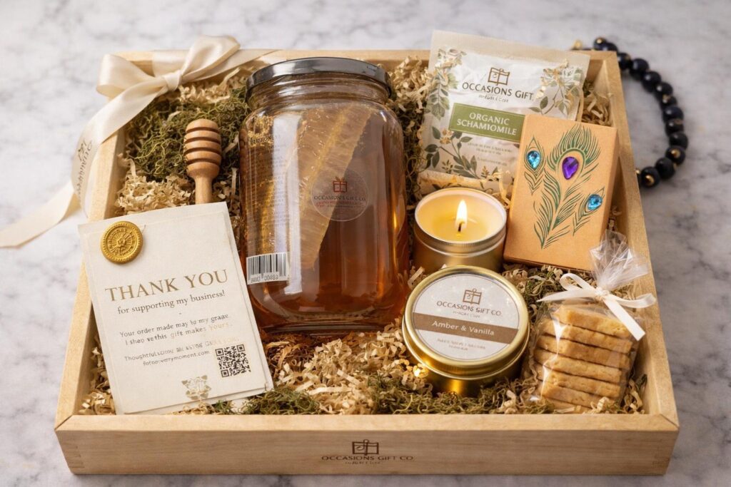 Thoughtful Gift Basket with gourmet treats and a greeting card, perfect for special occasions and meaningful gifting.