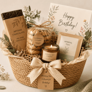 Happy Birthday Gift Basket with a candle, chocolates, tea, cookies, and greeting card for a memorable birthday gift.