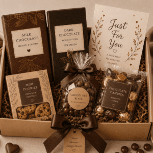 chocolate gift box containing Assorted chocolate box, Chocolate bars, Cookies, Candy mix, Cocoa drink mix, Chocolate-covered snacks, Greeting card