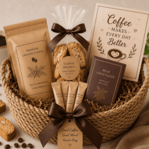 Premium Coffee Gift containing Premium ground coffee, Gourmet cookies, Chocolate assortment, Coffee mug, Sugar sticks, Biscotti, Greeting card