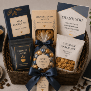 Corporate Gift basket containing Premium chocolates, Gourmet snacks, Coffee/tea, Mug, Candle, Greeting card