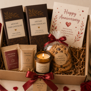 Couples Gift Basket containing Premium chocolate box, Gourmet cookies, Local honey, Local jam, Coffee & tea combo, Candle, Snack assortment, Bath product, Decorative flowers, Card