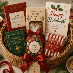 Festive Gift Basket containing Premium chocolates, Cookies, Snacks, Coffee/tea, Candle, Greeting card