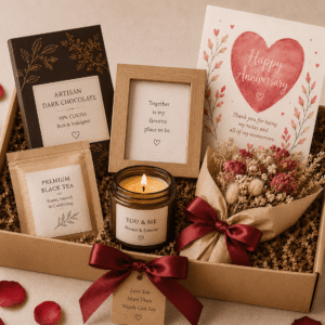 Romantic Gift Box containing Premium chocolates, Photo frame, Local honey/jam, Coffee/tea, Candle, Decorative flowers, Romantic card