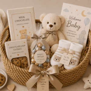 Baby Shower Gift basket containing Premium chocolates, Snacks, Baby clothes, Toy, Blanket, Greeting card