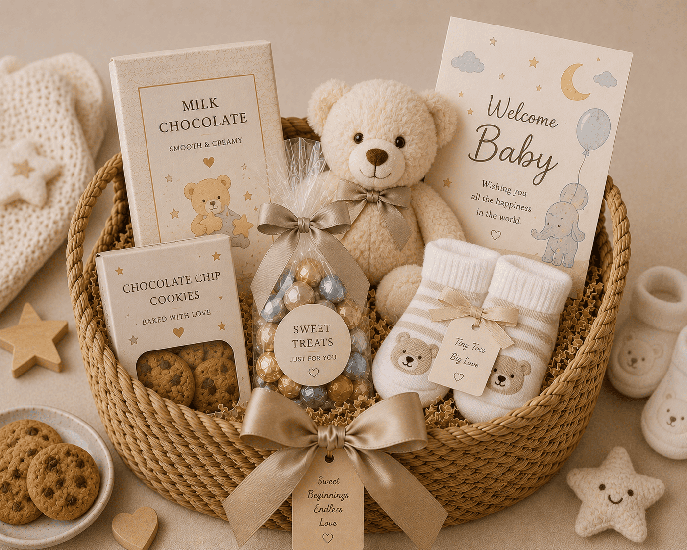 Baby Shower Gift basket containing Premium chocolates, Snacks, Baby clothes, Toy, Blanket, Greeting card