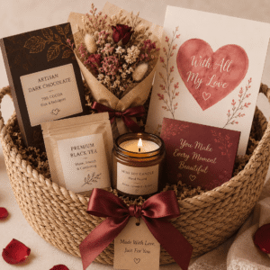 Love & Romance Gift basket for him or her containing tea, chocolate, candle and flowers