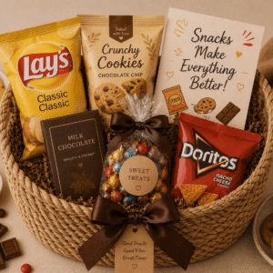Snack Gift Basket containing Chips, Cookies, Chocolate assortment, Nuts mix, Candy, Crackers, Greeting card