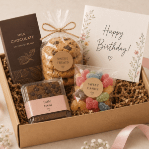 Birthday Gift Box containing Assorted chocolates, Cookies, Candy mix, Brownie, Hot chocolate, Candle, Card