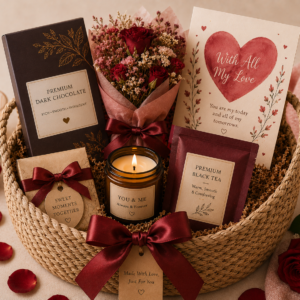 Anniversary Gift Basket, sweetheart basket for your loved one containing gourmet treats, flowers and card