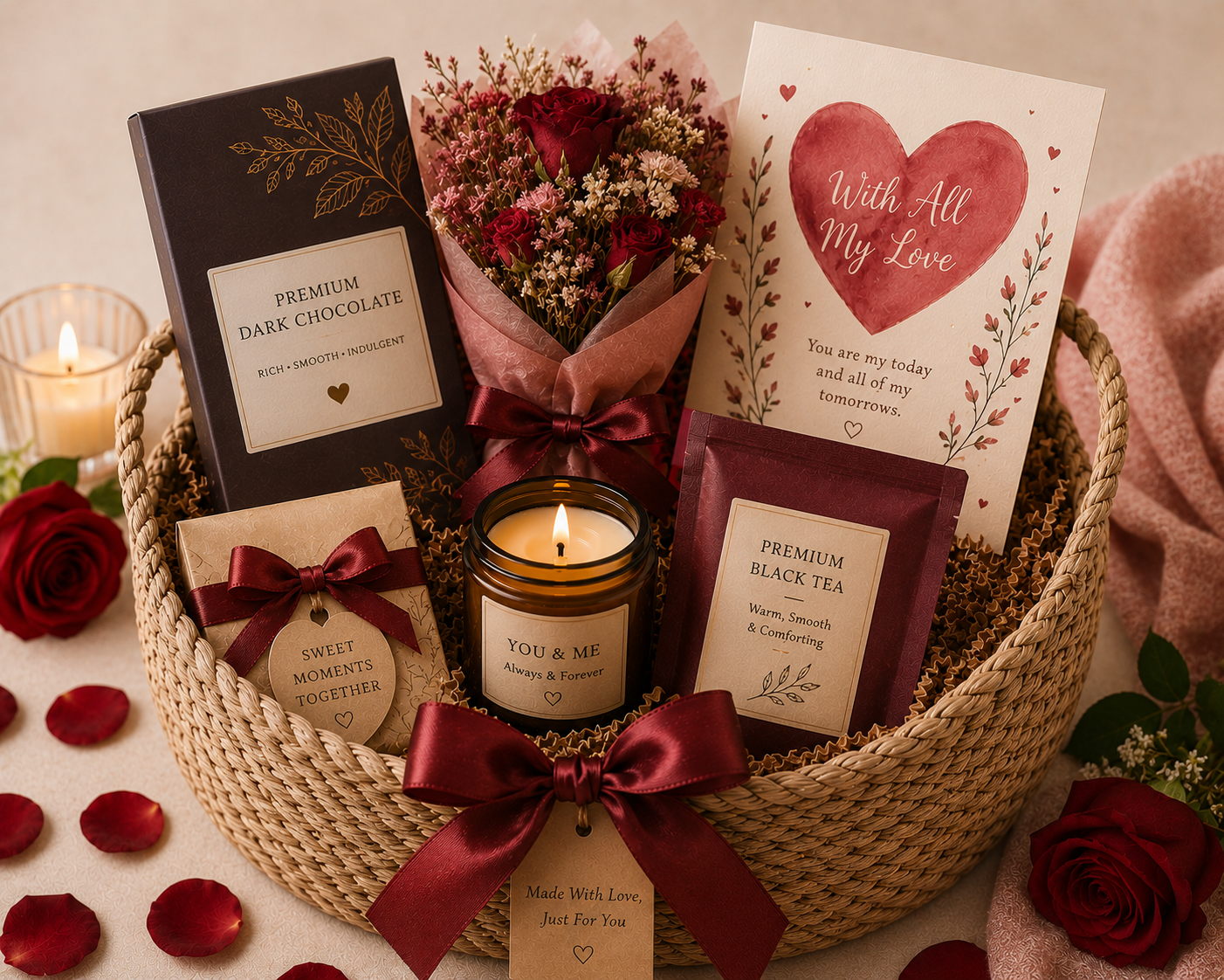 Anniversary Gift Basket, sweetheart basket for your loved one containing gourmet treats, flowers and card