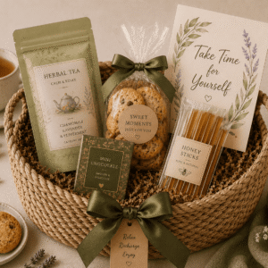 Tea gift basket containing Premium tea selection, Cookies, Local honey/jam, Tea cup/mug, Chocolate, Biscuit pack, Greeting card