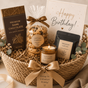Birthday celebration gift basket containing chocolate, cookies, card, and candle